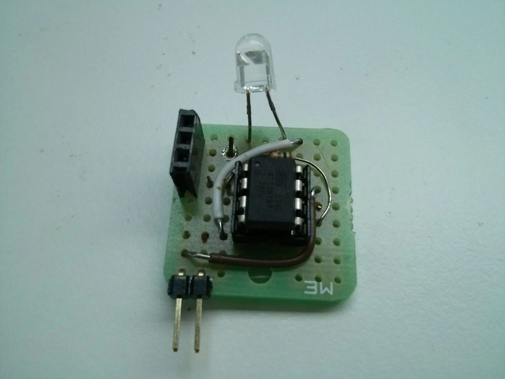 Talk about a simple board, it’s an IR Led, a resister ATTiny85 and some pins and pin sockets.