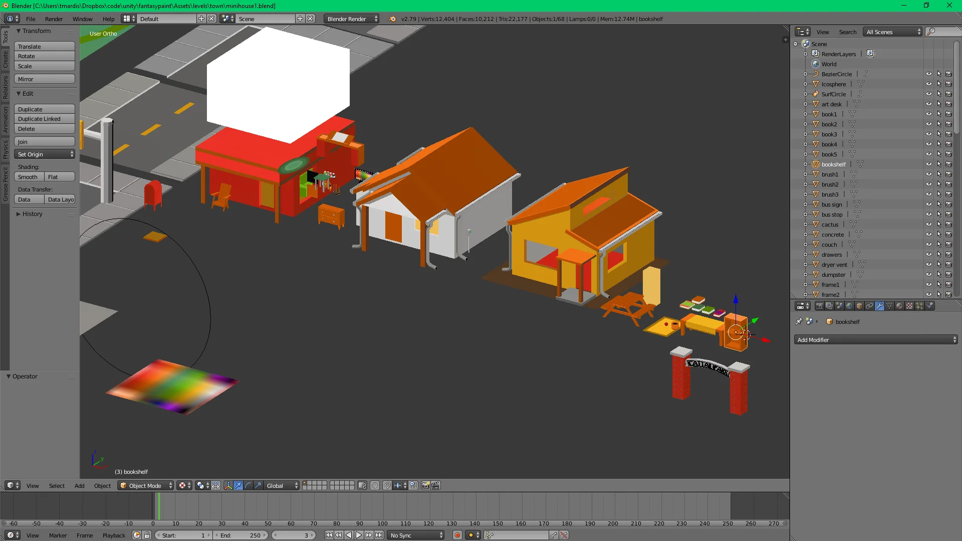 Working on a set of locations and props for a town location in Blender